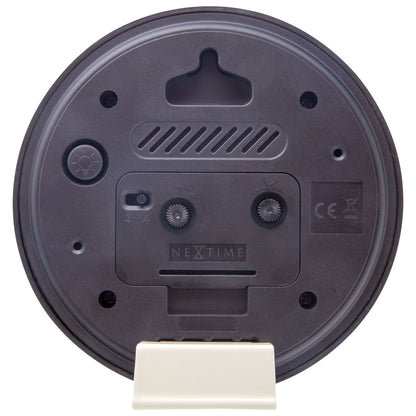 NeXtime Clocks Reflect table alarm clock with light function, silent operation, plastic design, 12.5x13x5.5cm, back view.