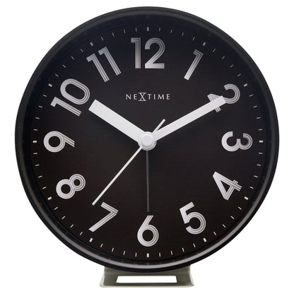 NeXtime Clocks Reflect alarm clock with light function, plastic body, silent operation, measuring 12.5x13x5.5cm, front view