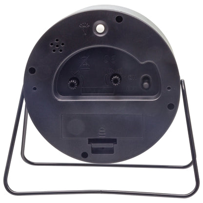 NeXtime Clocks Berlin table alarm clock, silent metal design, 14x13x7cm, shown from the back side.