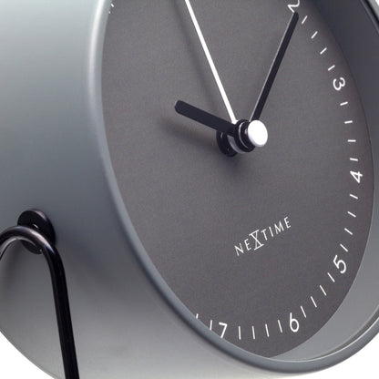 NeXtime Clocks Berlin table alarm clock, silent metal design, 14x13x7cm with detailed view of the clock face and sleek finish.