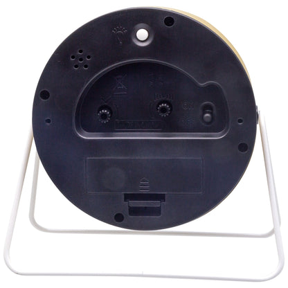 NeXtime Berlin Table Alarm Clock, silent metal clock with a sleek design, 14x13x7cm, viewed from the back showing clock face and stand.