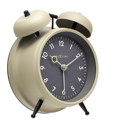 NeXtime Golden Hour alarm clock with metal frame, showing the left side, measuring 12x14x6cm in gold finish.