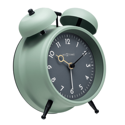NeXtime Golden Hour alarm clock with metal frame, 12x14x6cm, showing a side view of its stylish design.