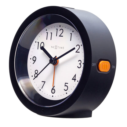 NeXtime Circle alarm clock with silent light dial, 10.5cm x 3.6cm, shown from the right side.