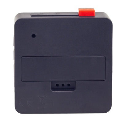 Mini digital table alarm clock with metal and ABS casing, displaying time on a compact 6x6.4x2.1cm NeXtime Clocks device