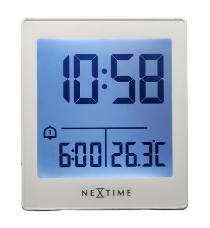Digital table alarm clock by NeXtime Clocks showing time display, compact design, and "Wake Up" feature in front view.