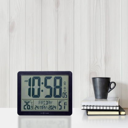NeXtime digital alarm clock with weather station display, 17.3x14x2.7cm, black ABS plastic, modern design