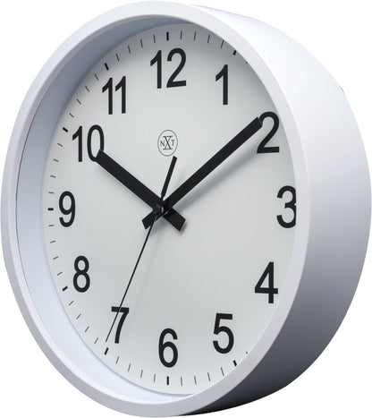 NeXtime Clocks wall clock with 25.5 cm diameter plastic case, robust design, shown from the right side.