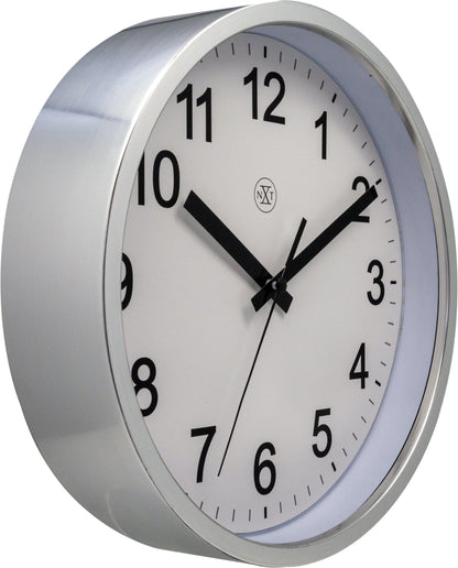 NeXtime Clocks wall clock, 25.5 cm diameter, plastic case, Robust model, showing left side with black hands and minimalist design.