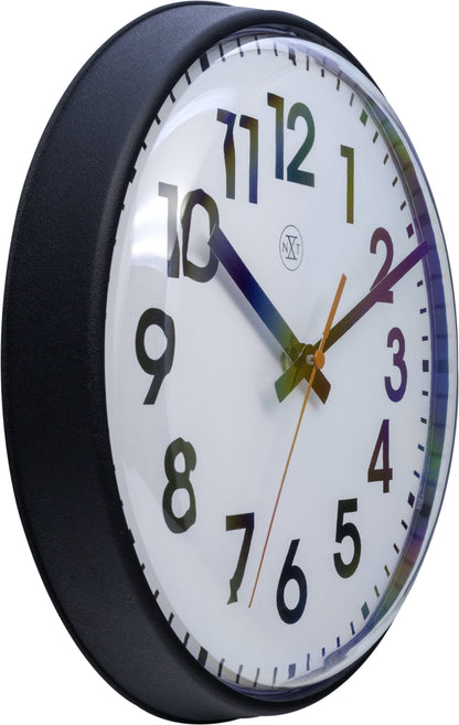 NeXtime Clocks wall clock, 26cm plastic clock with 'Peter' on the face, shown from the left side view.