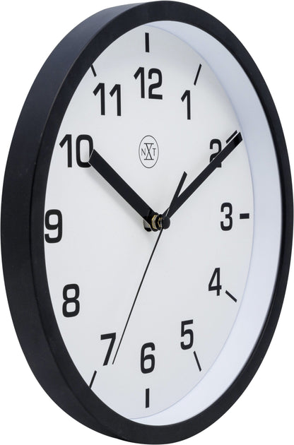 NeXtime Clocks Easy Small 20cm plastic wall clock, showing the left side with black hour and minute hands and minimalist design.