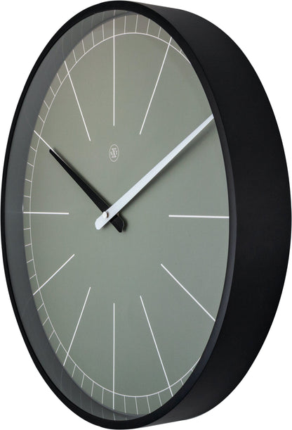 Gray plastic wall clock by NeXtime Clocks, 40 cm diameter, showing a side view with clock hands and modern design.