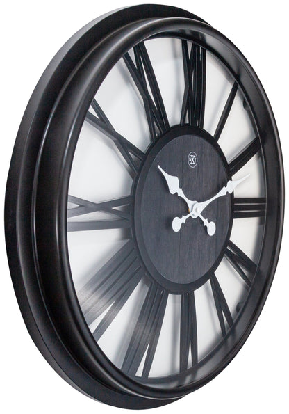 NeXtime Clocks Quebec wall clock, 51 cm plastic design, showing a white dial with black numbers and hands, side view.