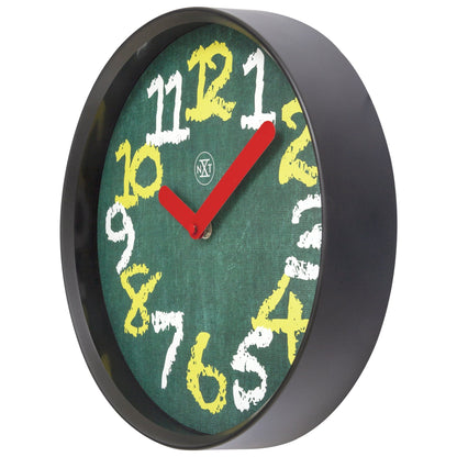 Green NeXtime wall clock with silent mechanism, 30cm plastic design, featuring a chalkboard surface on the right side.