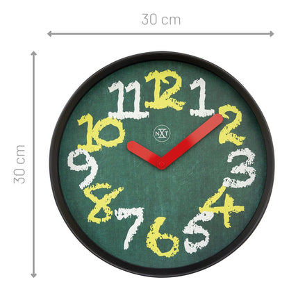 Green 30cm NeXtime silent wall clock with a chalkboard design, plastic frame, perfect for modern home or office decor.