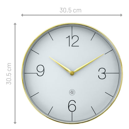 NeXtime Finesse Wall Clock with 30.5cm diameter, gold, chrome, and grey plastic finish, silent movement, modern design.