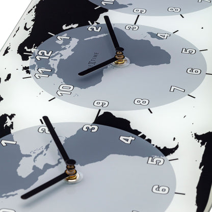 NeXtime Clocks glass wall clock with world time zones, measuring 50x18.6x3.6 cm, labeled 'Mondial'.