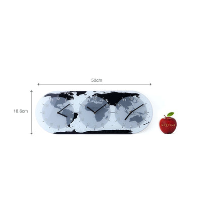 NeXtime Clocks' glass wall clock with world time design, measuring 50x18.6x3.6 cm, labeled 'Mondial'.
