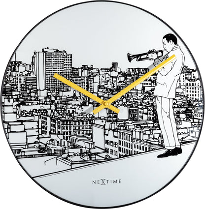 NeXtime Clocks wall clock, 40cm, glass and metal, trumpet city design, modern decorative timepiece for wall display