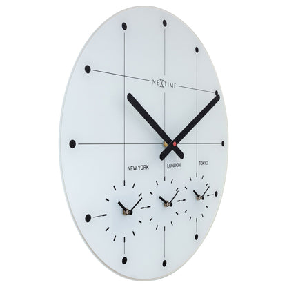 NeXtime Clocks 43cm silent wall clock with glass face featuring a "Big City" design, shown from the left side.