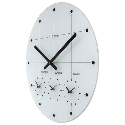 NeXtime Clocks 43cm silent glass wall clock with "Big City" design, showing a modern urban style on the right side of the clock.
