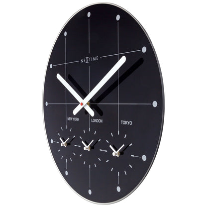 NeXtime Clocks Big City wall clock, 43cm diameter, silent operation with glass face, right side view.