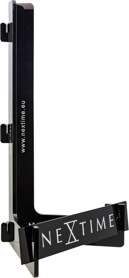 Acrylic display clock with NeXtime Clocks branding, measuring 28x18x12 cm, viewed from the left side.