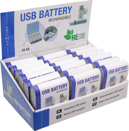Display of 18 USB AA batteries in NeXtime Clocks packaging, showing the AABAT003 model for electronic devices.