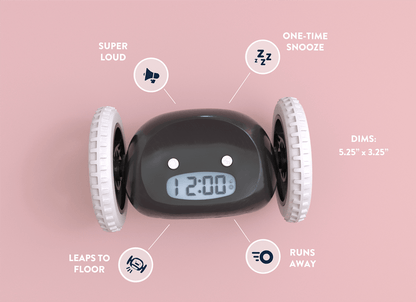 Black Clocky alarm clock on wheels by NeXtime Clocks with a sleek black design and rounded shape.