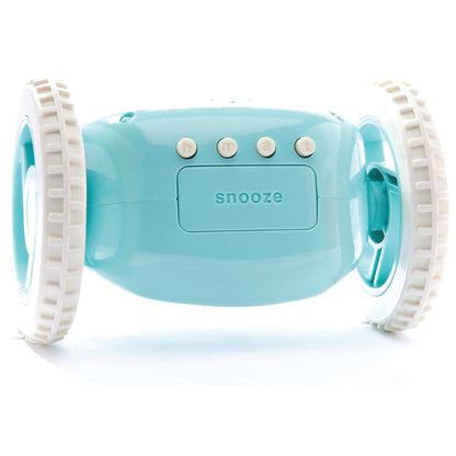 NeXtime Clocks Clocky Blue alarm clock with wheels, featuring aqua color and digital display, designed to wake and move around.