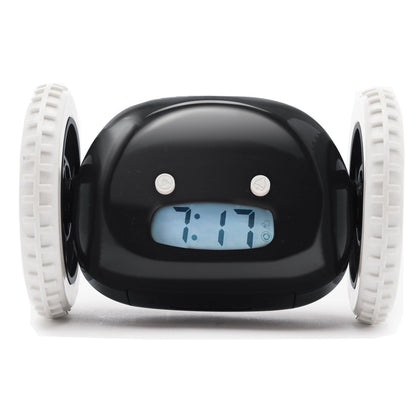 Black Clocky alarm clock on wheels from NeXtime Clocks, featuring a modern design with digital display and mobility.