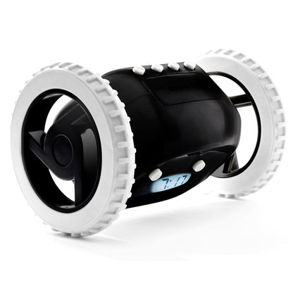 Black Clocky alarm clock on wheels by NeXtime Clocks, featuring a digital display and rolling design for waking up on time.