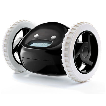 Black Clocky alarm clock on wheels by NeXtime Clocks, featuring a digital display and playful design.