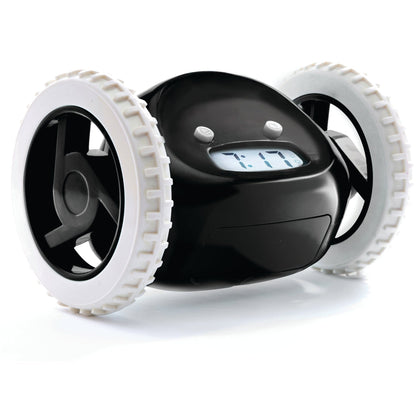 Black Clocky alarm clock on wheels by NeXtime Clocks, featuring a digital display and compact design for easy placement on bedside tables.