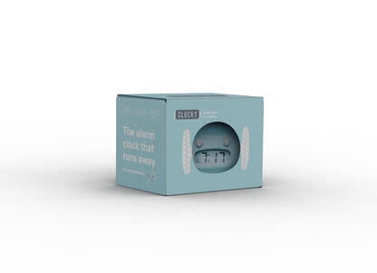 NeXtime Clocks Clocky Blue alarm clock on wheels, showing digital display and playful design from an angled view.