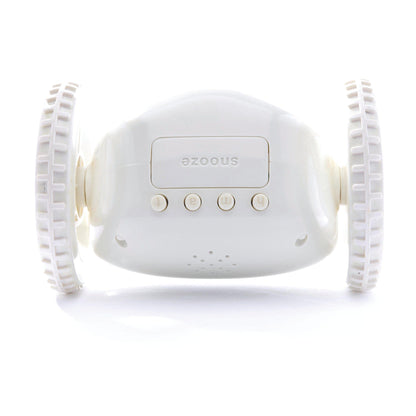 White NeXtime Clocky alarm clock on wheels with digital display and snooze button, designed to wake you up effectively.