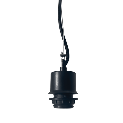 Black Pendant Electric Unit with stainless steel wire and fabric power cable, featuring an E27 socket for lighting.