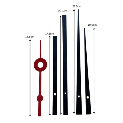 NeXtime Clocks XL clock hands set with silent movement, showing black hour and minute hands and a red second hand.