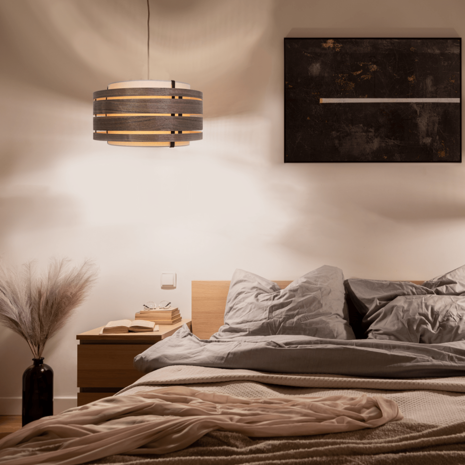 Donkere walnoothout lampenkap van NeXtime Clocks, 40 cm in diameter, gemaakt van hout en stof voor sfeervolle verlichting