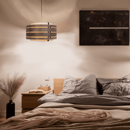 Dark walnut wood and fabric lamp shade by NeXtime Clocks, 50 cm diameter, modern lighting shade with sleek design.