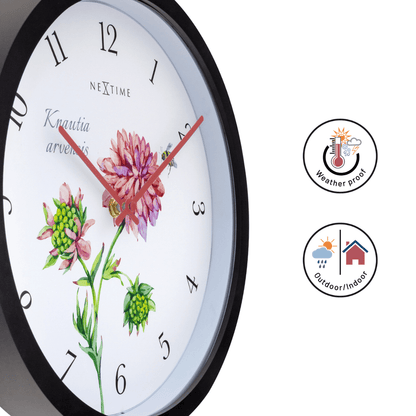Weatherproof outdoor garden clock by NeXtime Clocks, 30.5 cm diameter, with black frame and clear white dial for outdoor use.