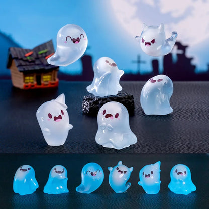 Six glow-in-the-dark ghost miniatures from Florazo NL, 2.5 to 3.5 cm tall, shown in a spooky scene.