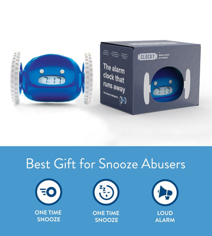 NeXtime Clocks Clocky Navy alarm clock on wheels in packaging, featuring a navy blue design and rolling alarm clock mechanism.