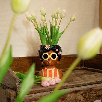 Vase Lady Sunny + 10 realistische Tulpen, weiß/grün